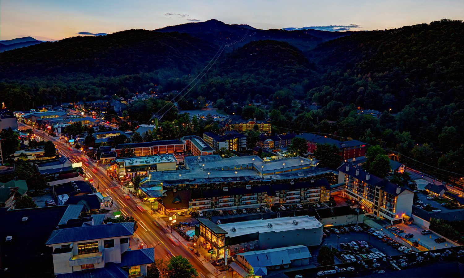 aerial view of downtown Gatlinburg, TN at dusk