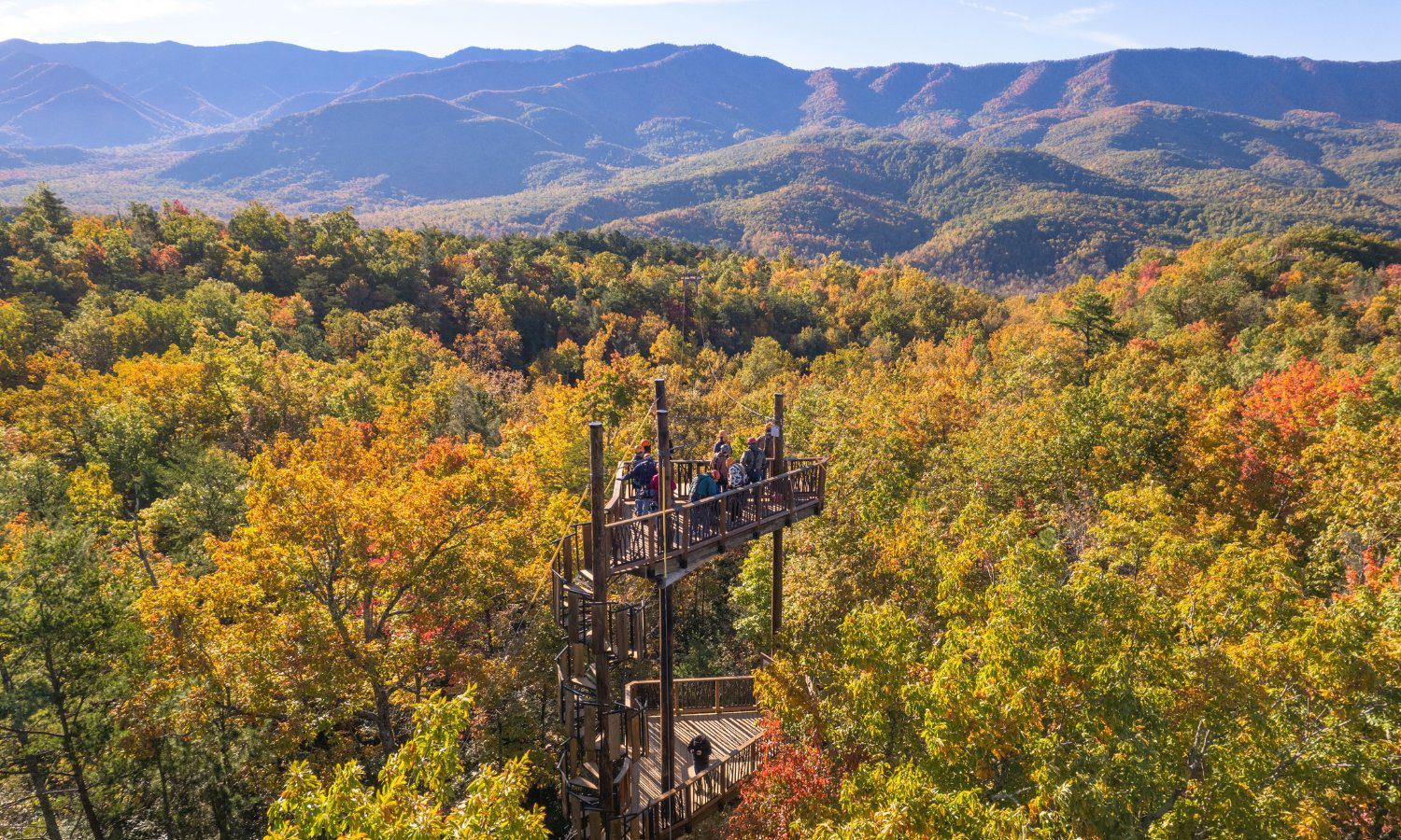 aerial view of a zipline tower in the smoky mountains
