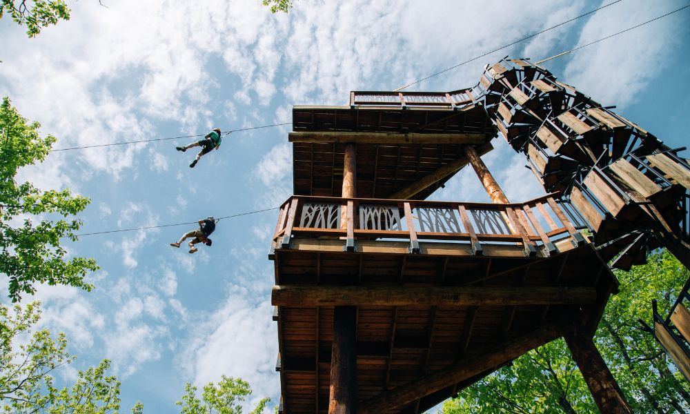 looking up at two people taking off on a zipline from the platform