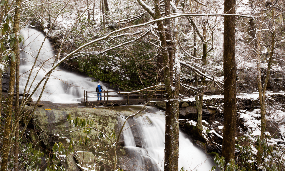 laurel falls trail in smoky mountains national park during the winter time