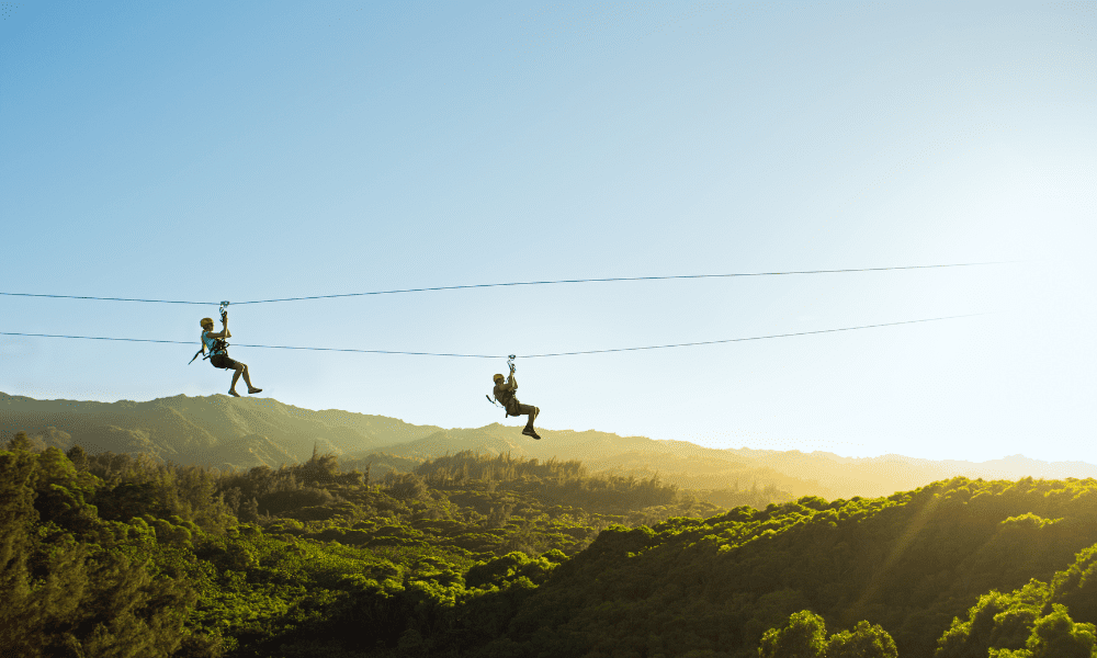 two zipliners over a canopy of trees on oahu's north shore at climb works - keana farms