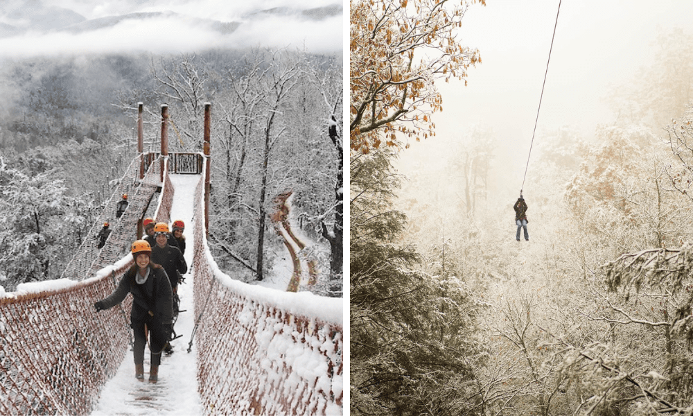 2 photo collage of winter ziplining at climbworks gatlinburg: 1 of people walking across a snowy suspension bridge, the other of a person zipline through a snow covered trees in the smoky mountains
