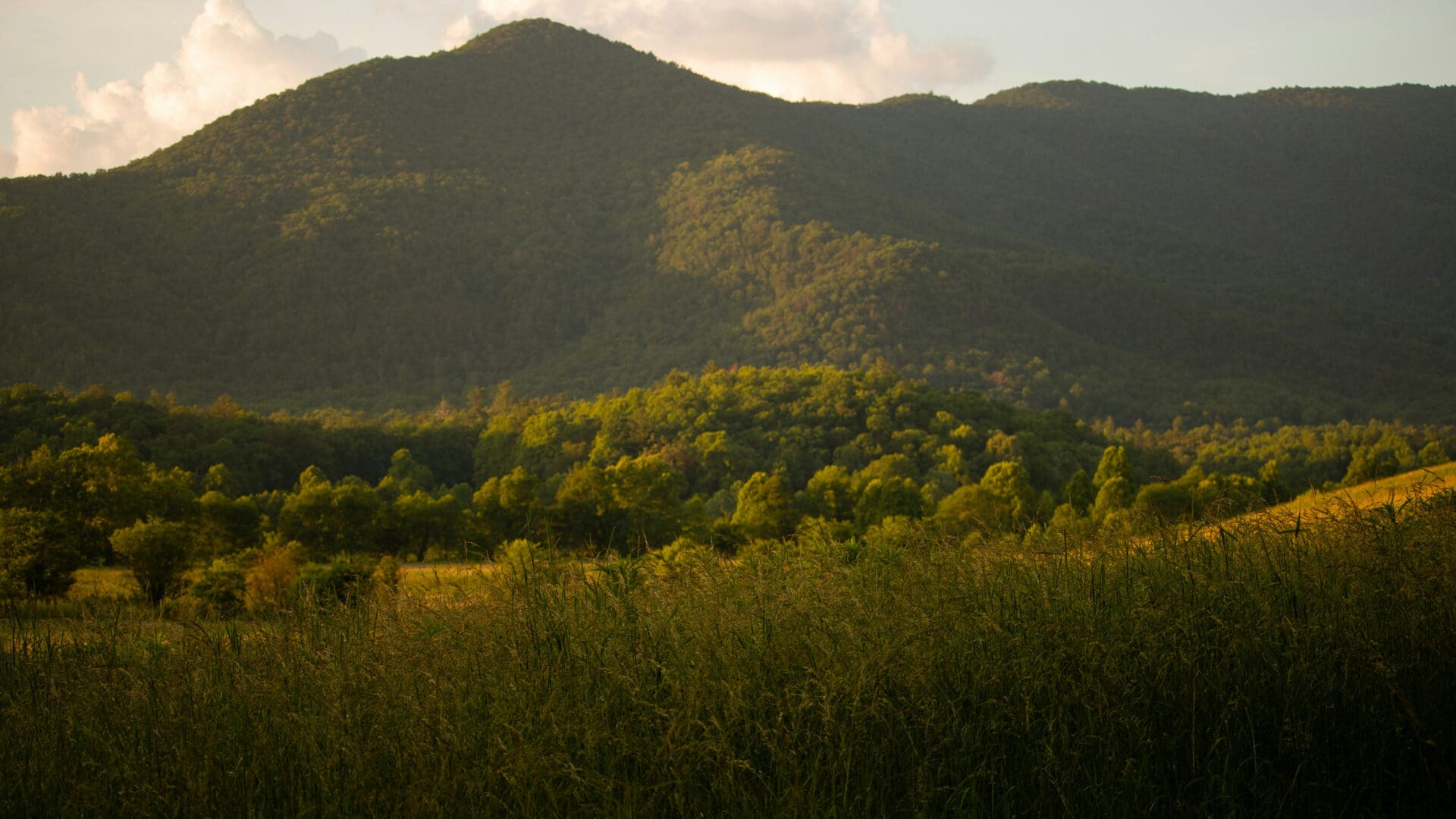 sunset on the mountains within the Cades Cove Valley Smoky Mountains